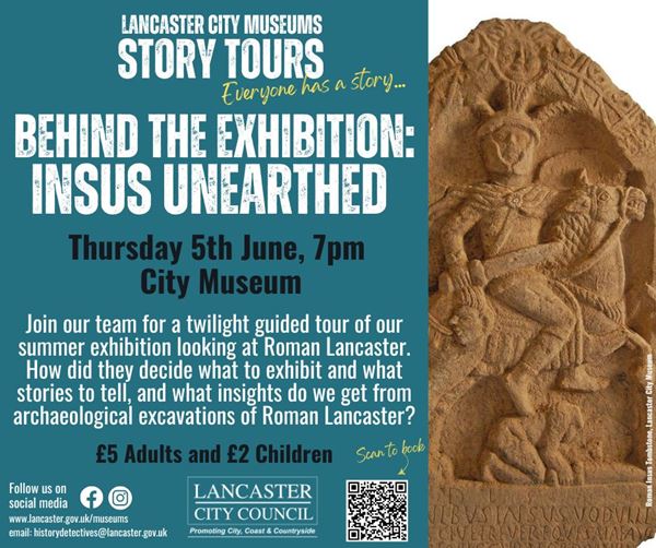 poster with photo of tombstone depicting roman warrior on horseback